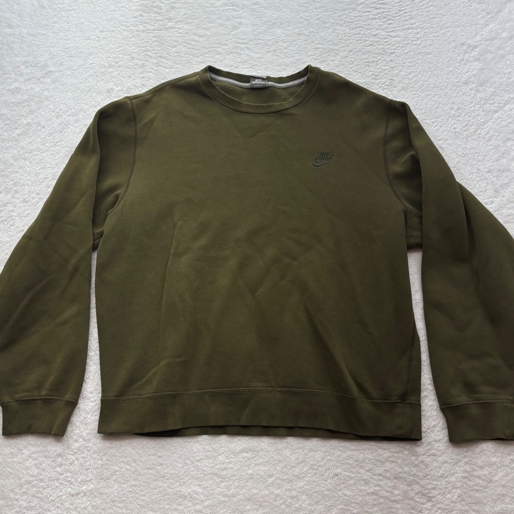 Nike Sportswear Mens Large Olive Green Crewneck Sweatshirt Embroidered Logo Y2K